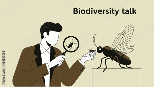 Studying Insect Diversity Man Magnifying Bugs Conservation Education Illustration