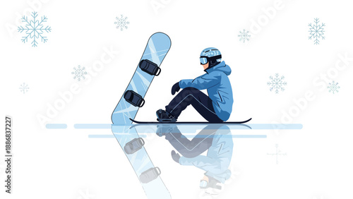 Snowboarding Tranquility A Solitary Rider Reflecting in Winter Scenery Fresh Snow