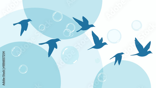 Soaring Birds And Bubbles On Light Blue Sky Design Background For Celebration