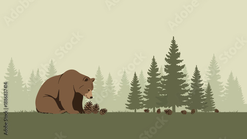 Solitary Bear In Forest Gathering Pinecones For Winter Preparation Illustration