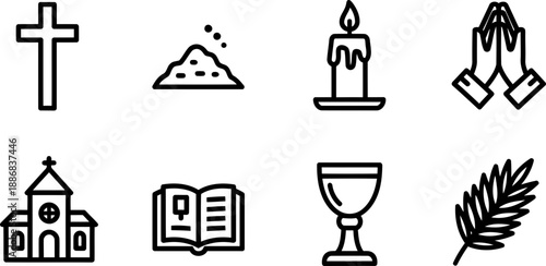 Ash Wednesday icons: cross, ashes, candle, praying hands, church, bible, chalice, palm