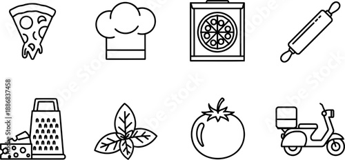 World Pizza Day line art icons: pizza slice, chef hat, delivery box, rolling pin, grater, basil, tomato, scooter