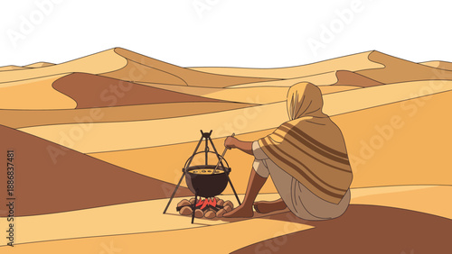 Solitary Traveler Cooking Meal Over Fire In A Vast Desert Landscape Illustration