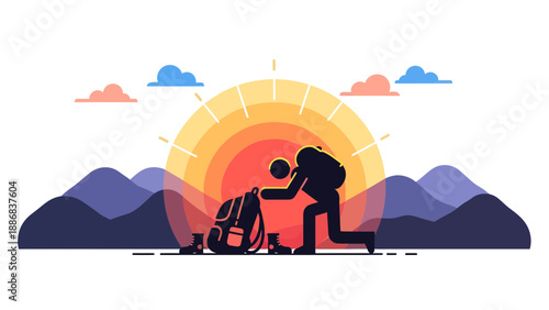 Solo Traveler Prepares For Mountain Hike At Sunrise Silhouette Graphic