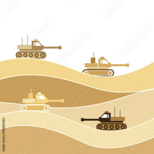 Stylized Armored Vehicles Maneuvering Across Sandy Terrain Illustration Design Concept