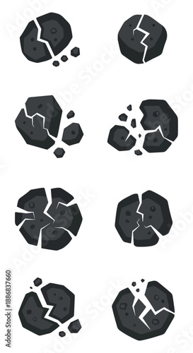 Stylized Cartoon Asteroid And Meteorite Breaking Apart Vector Illustration Set