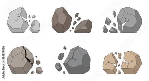 Stylized Geologic Elements Featuring Cracked Stones And Dynamic Fragmentation Isolated Vector