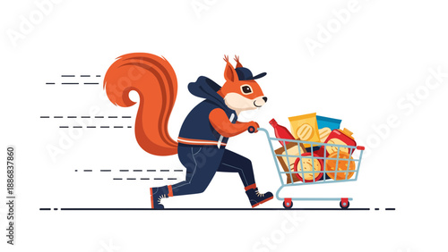 Speedy Squirrel With Full Shopping Cart Illustration For Online Grocery Service