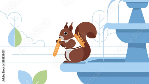 Squirrel Eating Baguette In Park By Fountain Illustration Vector Design