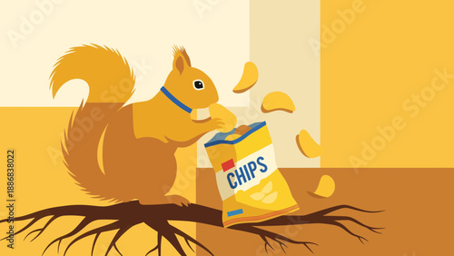 Squirrel Consuming Potato Chips Bag on a Tree Root Vector Illustration