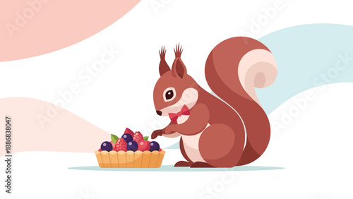 Squirrel Enjoying A Berry Tart Adorable Wildlife Pastry Indulgence Vector Illustration