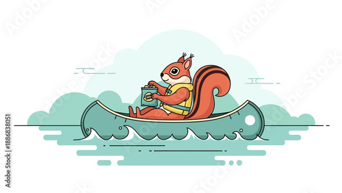 Squirrel Enjoying a Canoe Ride While Eating Snacks On Serene Waterscape Illustration