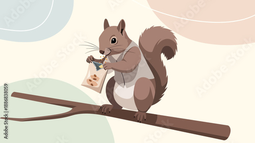 Squirrel Enjoying Treat On Branch With Abstract Shapes In The Background
