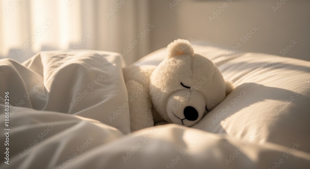 custom made wallpaper toronto digitalAdorable Fuzzy Polar Bear Plush Toy Resting on Crisp White Linens in a Sunlit Minimalist Modern Bedroom