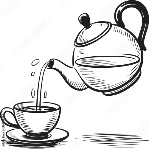 A simple black and white sketch of a teapot pouring liquid into a cup on a saucer with droplets