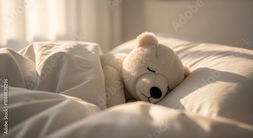 Wallpaper Mural Adorable Fuzzy Polar Bear Plush Toy Resting on Crisp White Linens in a Sunlit Minimalist Modern Bedroom Torontodigital.ca