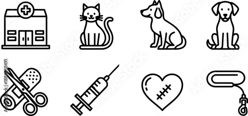 World Spay Day icons: veterinary clinic, cat, dog, syringe, heart