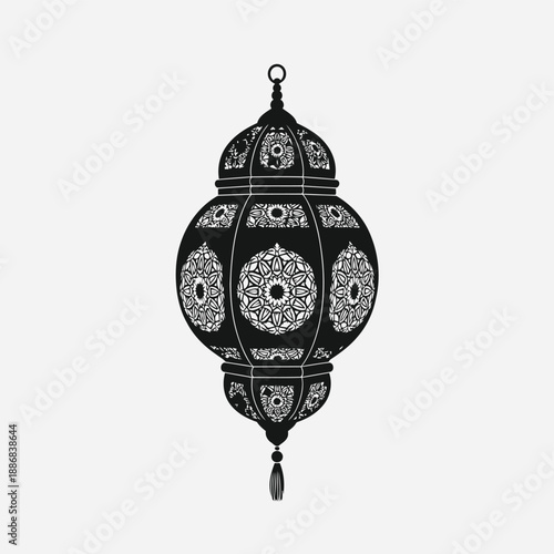 Detailed black and white illustration of an ornate hanging lantern design
