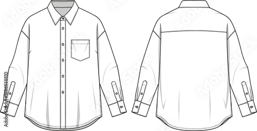 Technical fashion illustration of long-sleeve button-up shirt with chest pocket and pointed collar, front and back views, transparent background graphic
