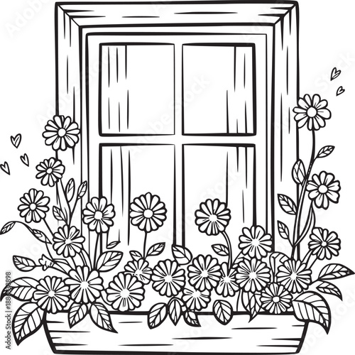 A window box filled with daisies and leaves in a black and white line drawing with hearts around it