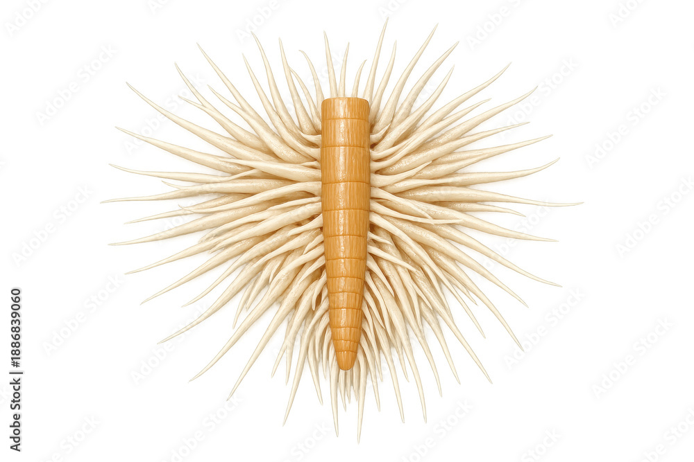 Obraz premium Abstract radial pattern of sharp, light brown, spiky elements emanating from a central segmented rod