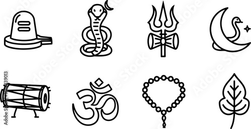 Maha Shivaratri religious symbols icons in clean line art vector