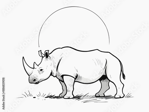 Minimalist, organic line art illustration of a graceful rhinoceros roaming in the savanna, with flowing, continuous black lines on a clean white background for children coloring book, Generative AI