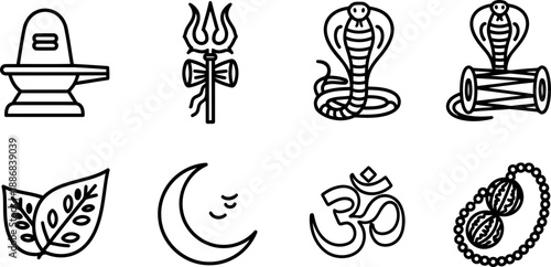Maha Shivaratri vector icon set with religious symbols