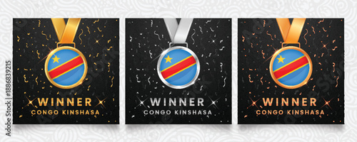 Democratic Republic of the Congo winner set. Medals with national flag on dark background with confetti and sparkles. Vector for awards.