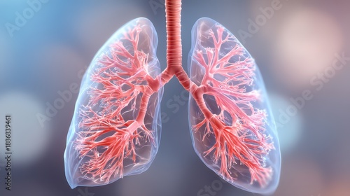 Transparent view of human respiratory system showing trachea bronchi and alveoli with clinical precision and soft ambient lighting