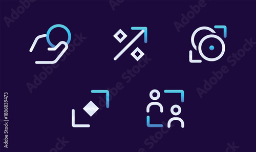 Modern neon gradient icon set. Fintech apps, UI dashboards, and digital marketing. Ppayment hand, discount percent, camera refresh, focus tool, and teamwork symbol. Clean minimal vector style branding