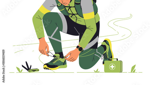 Trail Runner Preparing For Adventure Tying Shoe Laces Outdoors Illustration