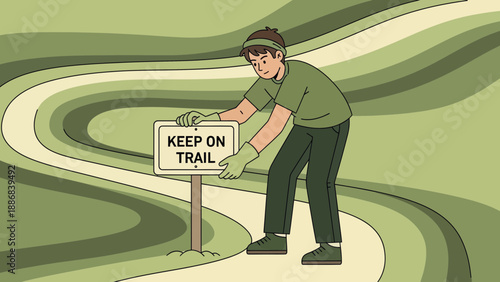 Trail Steward Installs Sign Promoting Environmental Conservation Awareness Illustration