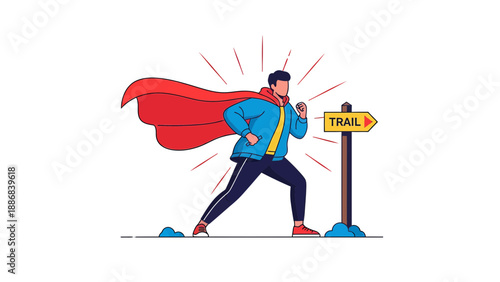 Superhero Run Towards The Signpost In Order To Achieve Success Concept