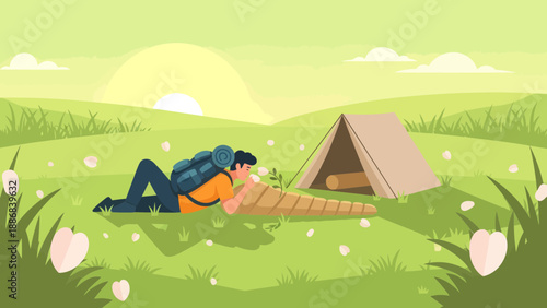 Tranquil Scene Of A Hiker Relaxing And Enjoying Nature Near His Campsite