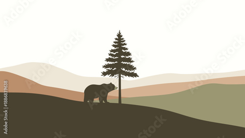 Tranquil Scene With Bear Silhouette Under Pine Tree In Minimalist Landscape