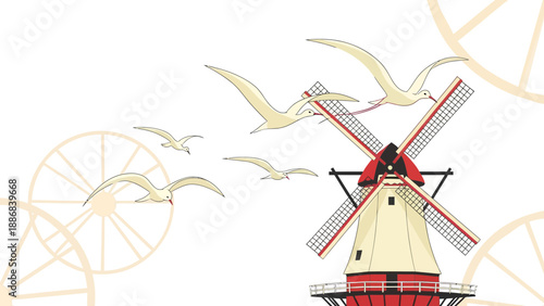 Tranquil Scene With Traditional Windmill And Flying Birds Illustration