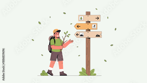 Traveler Chooses the Right Path for Adventure by Reading the Signpost on his Hike
