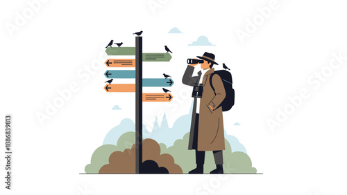 Traveler Navigating With Binoculars At Signpost Adventure And Direction Concept