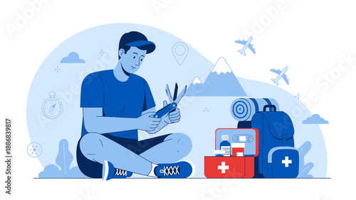 Traveler Preparing For A Trip Examining His Versatile Pocket Knife Outdoors