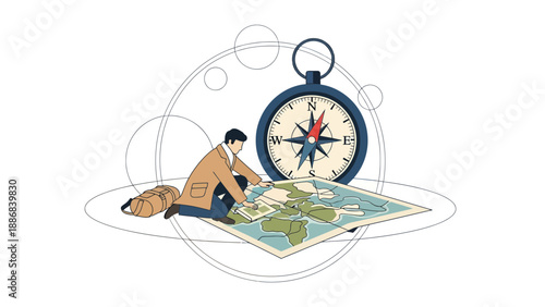 Traveler Planning His Journey Using Map And Compass For Destination Navigation