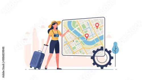 Traveler Planning Trip Using Map with Suitcase and Camera Gear
