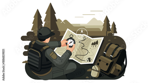Traveler Preparing For Hiking Adventure With Map Compass And Backpack In Forest