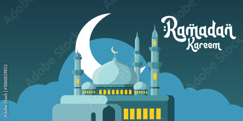 Islamic vector illustration of a mosque with crescent moon and clouds, featuring Ramadan Kareem typography, flat modern style ideal for Ramadan greetings, banners, posters, websites, and festive brand