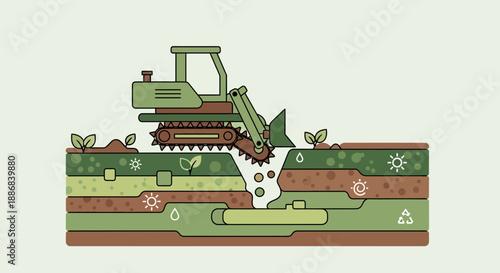 Sustainable Earthworks Excavator Digging Layered Soil Profile Revealing Environmental Elements
