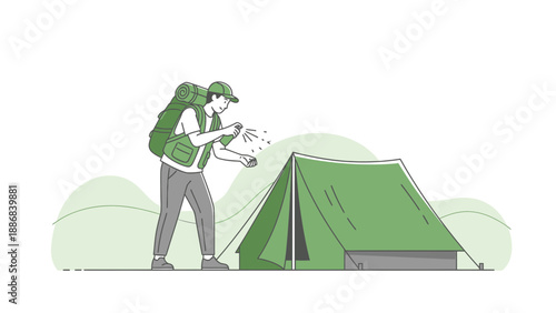Traveler Sprays Insect Repellent Near Tent For Protection From Mosquitoes