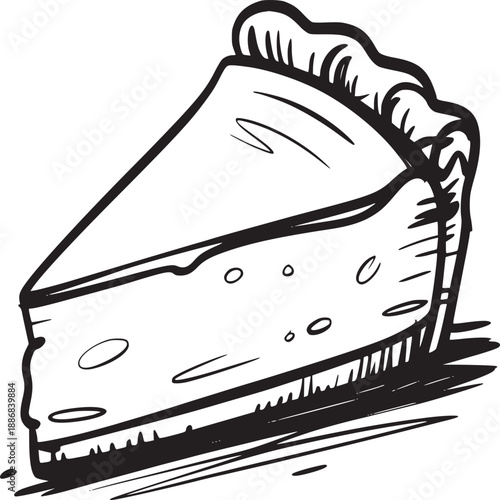 A black and white sketch of a slice of pie with a crusty edge on a white background illustration