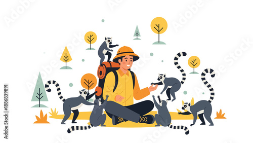 Traveler Surrounded By Curious Lemurs In A Lush Natural Habitat Setting