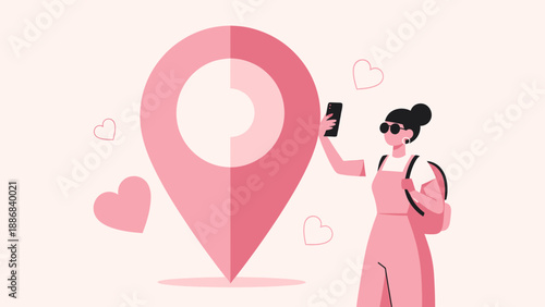 Trendy Traveler Capturing Adventures Modern Girl and Pink Location Pin Vector Design