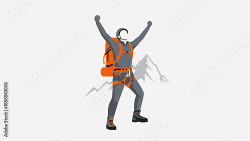 Triumphant Climber Reaching Mountain Top With Joyful Celebration Pose